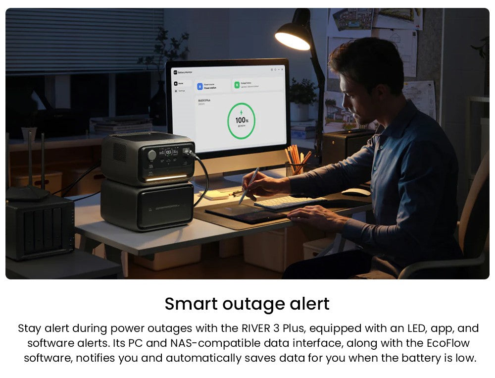 Prenosná elektráreň EcoFlow RIVER 3 Plus, 286Wh LiFePO4 batéria, 600W až 1200W AC výstup, 7 zásuviek, UPS <10ms a hluk <30dB, rozširuje sa na 858Wh, ovládanie cez aplikáciu, 1hodinové rýchlonabíjanie, solárny generátor pre vonkajšie kempovanie/karavány/domácnosť.