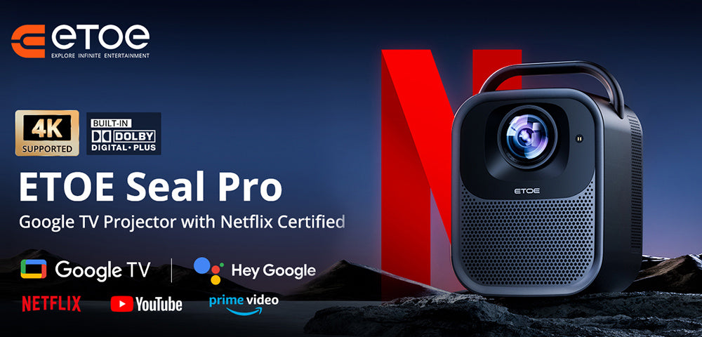 [Certifikovaný pre Netflix a Google TV] ETOE Seal Pro 1000 ANSI LCD projektor, natívne 1080P, certifikovaný Dolby Audio, automatické zaostrenie, automatická korekce lichobežníkového zkreslení, 2×10W reproduktory, integrovaný Chromecast, Google Assistant