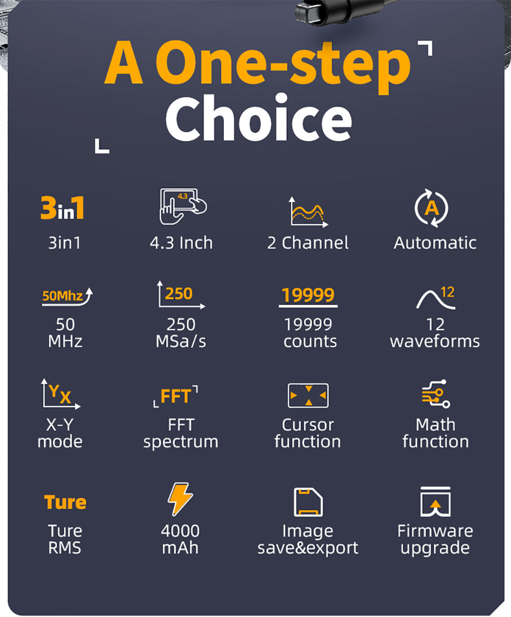 FNIRSI 2C53P Prenosný digitálny osciloskop multimeter, generátor signálu, 4,3" IPS dotyková obrazovka, 3 v 1, 2 kanály, 50 MHz, 250 Ms/s, 19999 meraní - Modrá