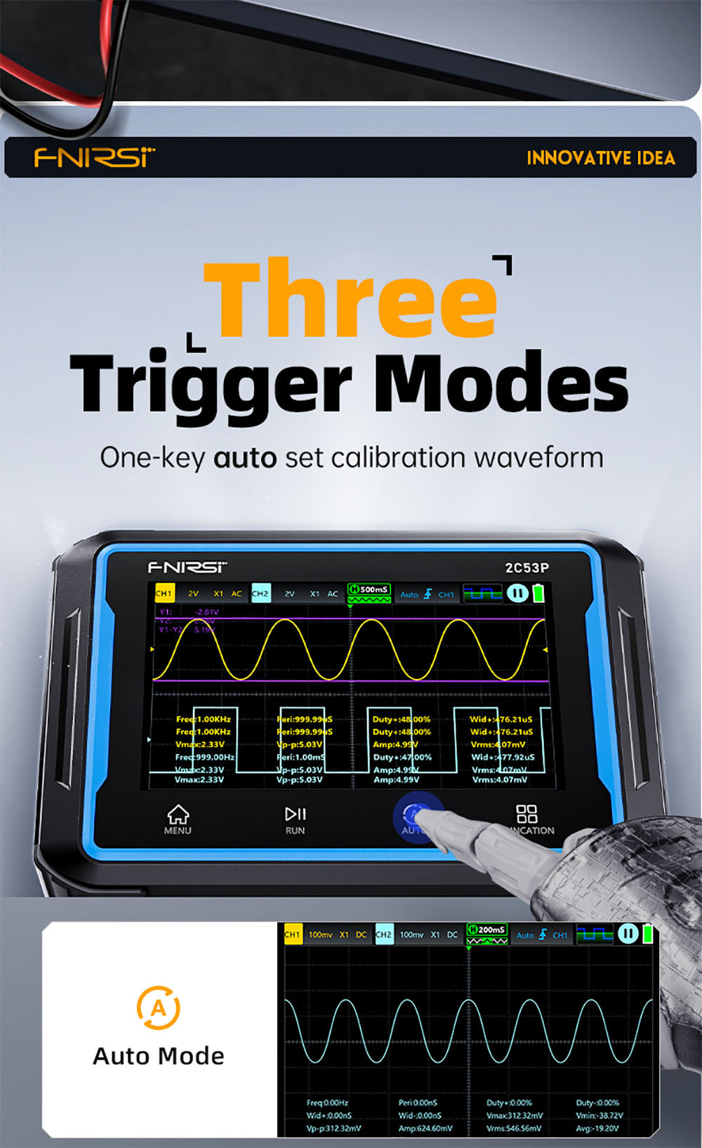 FNIRSI 2C53P Prenosný digitálny osciloskop multimeter, generátor signálov, 4,3" IPS dotyková obrazovka, 3 v 1, 2 kanály, 50 MHz, 250 Ms/s, 19999 meraní - Modrá