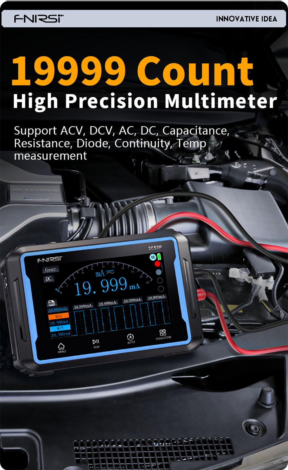 FNIRSI 2C53P Prenosný digitálny osciloskop multimeter, generátor signálov, 4,3" IPS dotyková obrazovka, 3 v 1, 2 kanály, 50 MHz, 250 Ms/s, 19999 meraní - Modrá