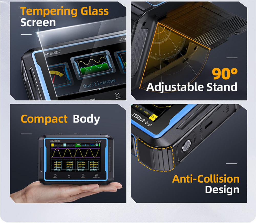 FNIRSI 2C53P Prenosný digitálny osciloskop multimeter, generátor signálu, 4,3" IPS dotyková obrazovka, 3 v 1, 2 kanály, 50 MHz, 250 Ms/s, 19999 meraní - Modrá