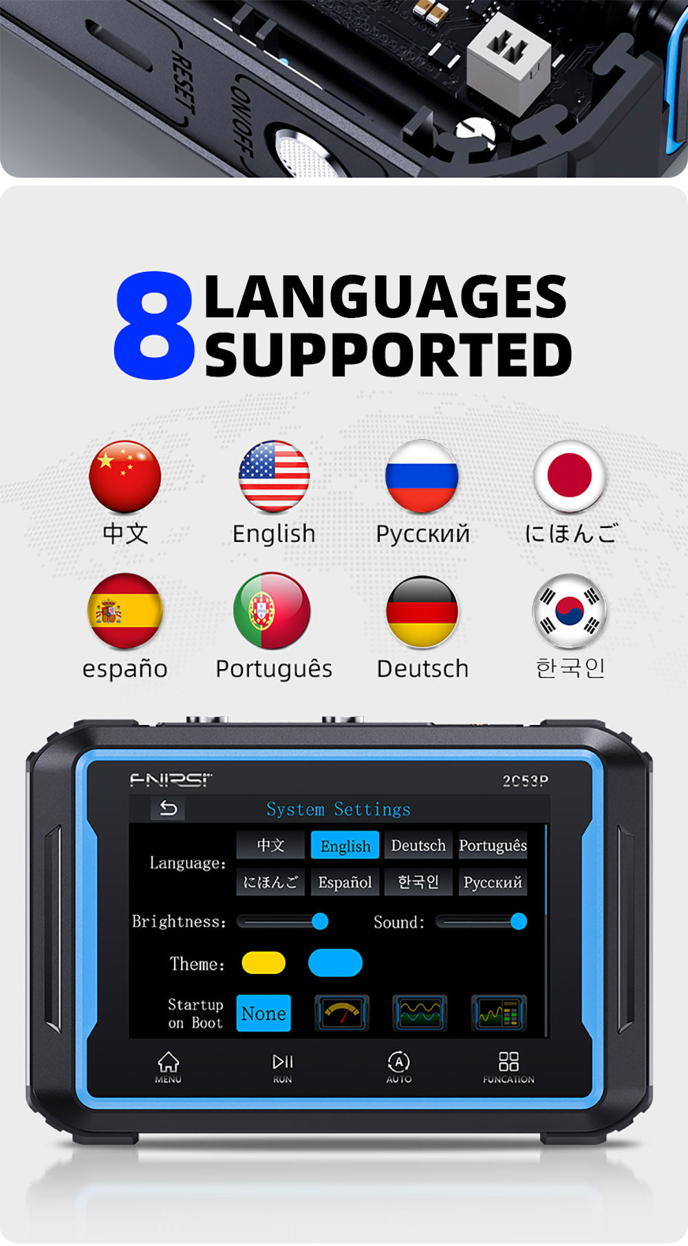 FNIRSI 2C53P Prenosný digitálny osciloskop multimeter, generátor signálu, 4,3" IPS dotyková obrazovka, 3 v 1, 2 kanály, 50 MHz, 250 Ms/s, 19999 meraní - Modrá