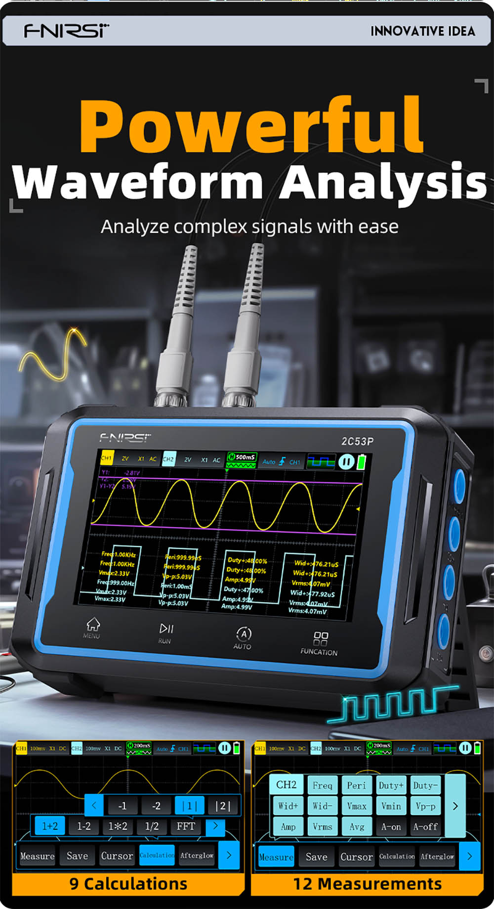 FNIRSI 2C53P Prenosný digitálny osciloskop multimeter, generátor signálu, 4,3" IPS dotyková obrazovka, 3 v 1, 2 kanály, 50 MHz, 250 Ms/s, 19999 meraní - Modrá