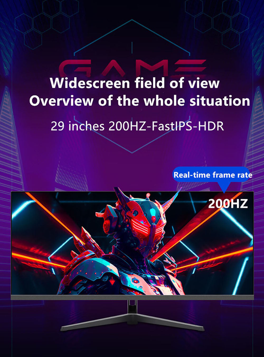 Monitor FYHXele FY29Q2H s 29-palcovou obrazovkou, rozlíšením 2560*1080 WFHD 21:9 IPS, obnovovacou frekvenciou 200 Hz, časom odezvy 1 ms, 100% sRGB, kontrastom 1000:1, kompatibilný s FreeSync a G-Sync, HDR, Game Plus, DC Dimming, 2x DP1.4, 2x HDMI 2.1, 1x audio, nastavenie sklonu a uchytenie VESA.