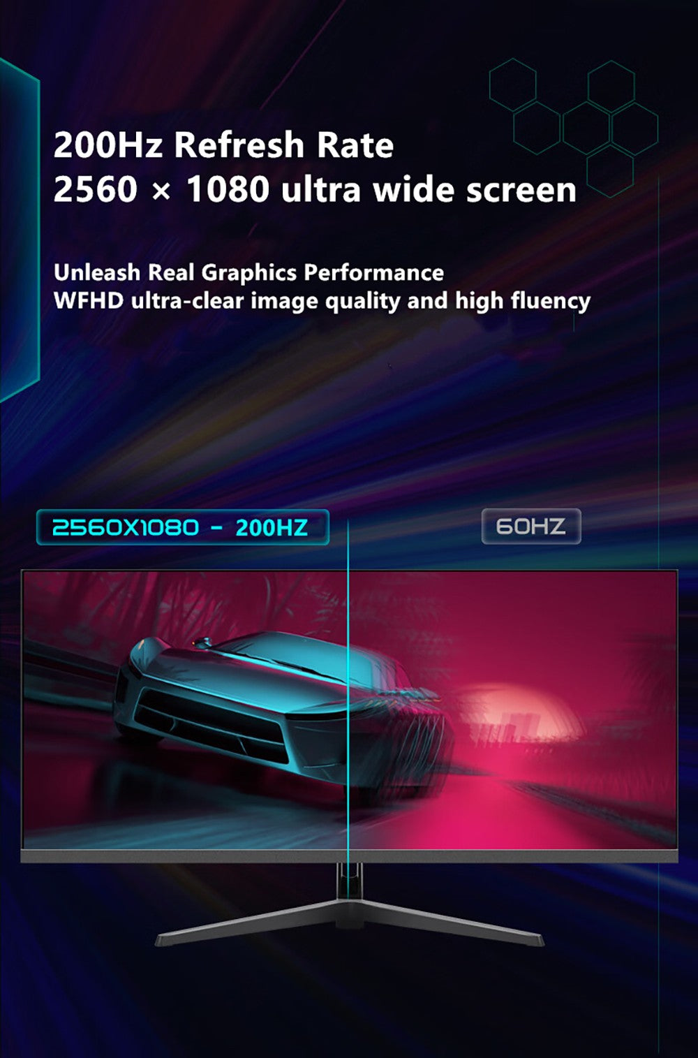 Monitor FYHXele FY29Q2H s 29-palcovou obrazovkou, rozlíšením 2560*1080 WFHD 21:9 IPS, obnovovacou frekvenciou 200 Hz, časom odezvy 1 ms, 100% sRGB, kontrastom 1000:1, kompatibilný s FreeSync a G-Sync, HDR, Game Plus, DC Dimming, 2x DP1.4, 2x HDMI 2.1, 1x audio, nastavenie sklonu a uchytenie VESA.