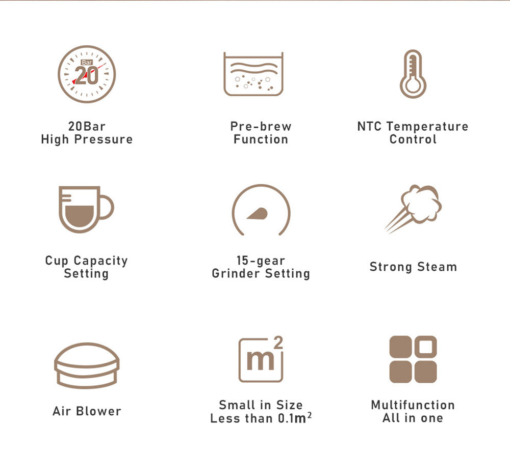 Espresso kávovar HiBREW H14, 20 bar vysoký tlak, 15 stupňové nastavenie mletia, funkcia predmletia, NTC regulácia teploty, nastavenie objemu šálku - béžová
