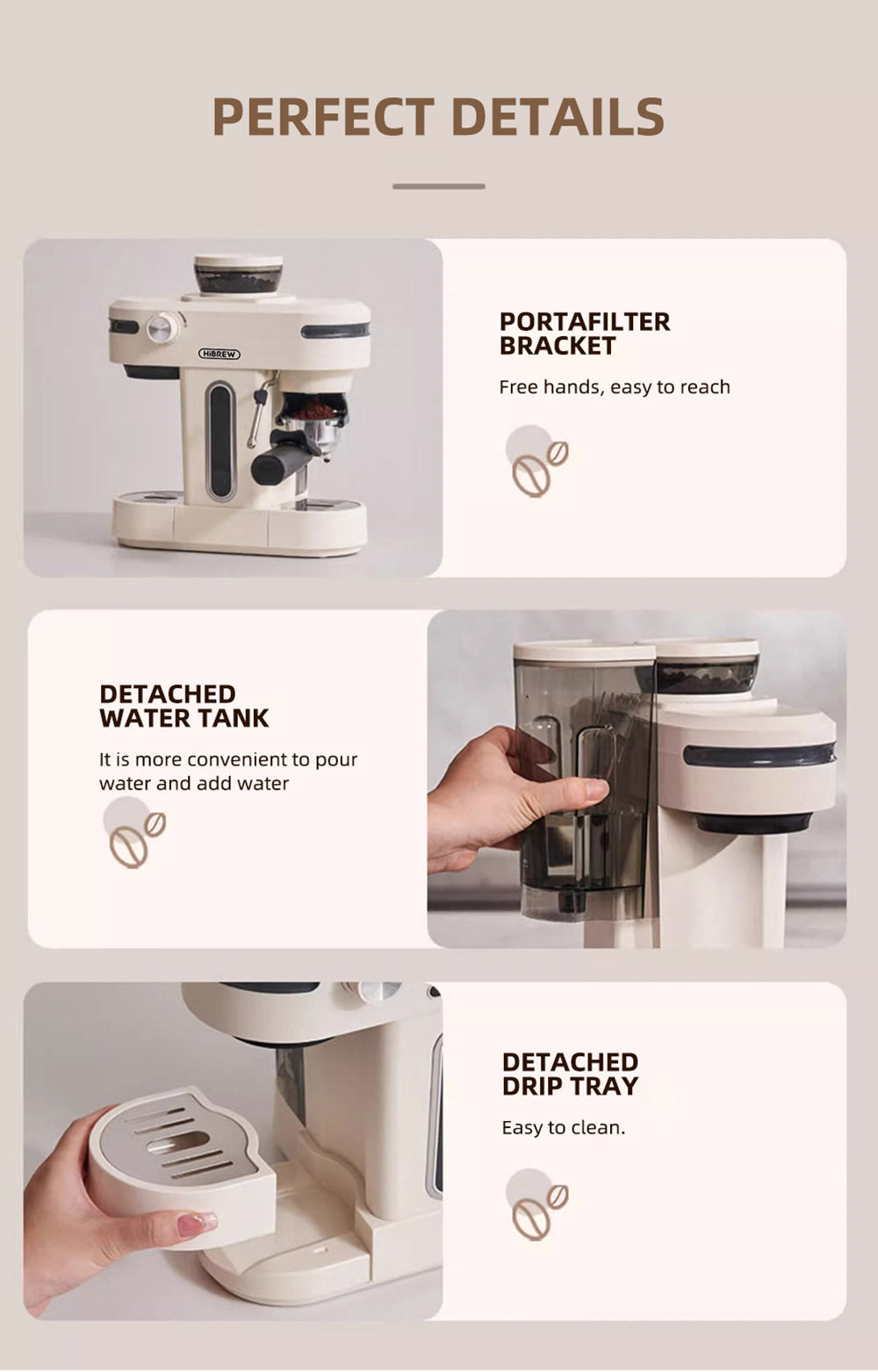 Espresso kávovar HiBREW H14, 20 bar vysoký tlak, 15 stupňové nastavenie mletia, funkcia predmletia, NTC regulácia teploty, nastavenie objemu šálku - béžová