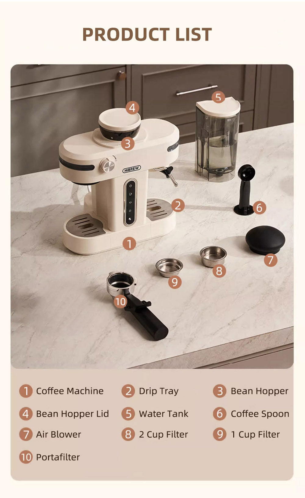 Espresso kávovar HiBREW H14, 20 bar vysoký tlak, 15 stupňové nastavenie mletia, funkcia predmletia, NTC regulácia teploty, nastavenie objemu šálku - béžová