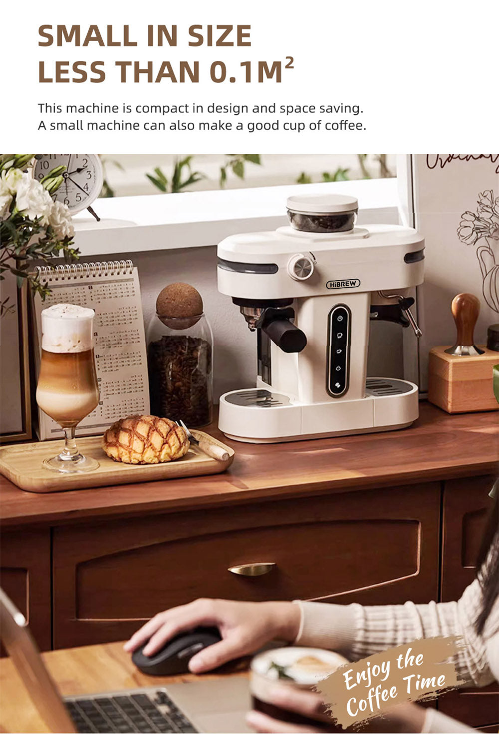 Espresso kávovar HiBREW H14, 20 bar vysoký tlak, 15 stupňové nastavenie mletia, funkcia predmletia, NTC regulácia teploty, nastavenie objemu šálku - béžová