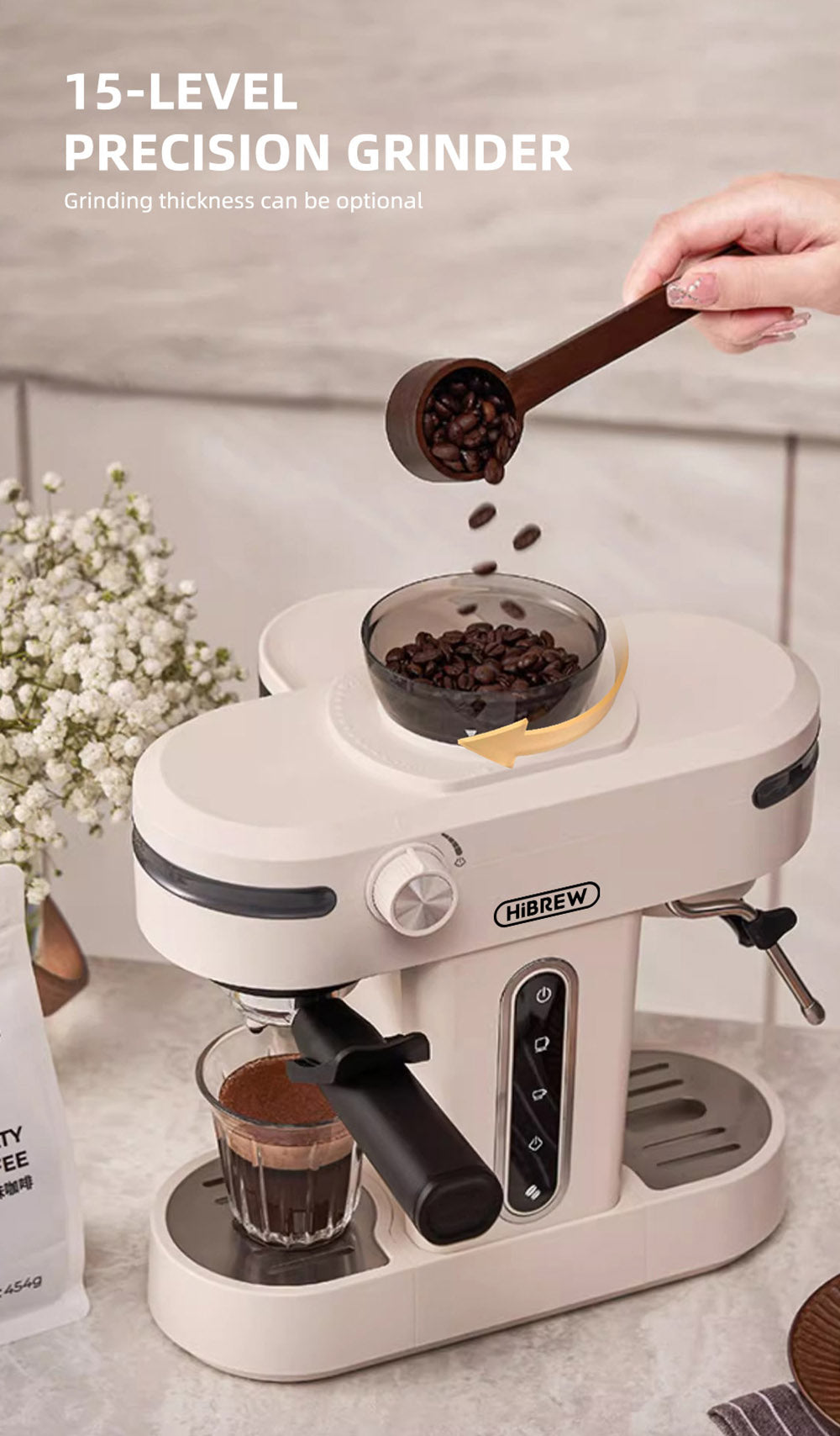 Espresso kávovar HiBREW H14, 20 bar vysoký tlak, 15 stupňové nastavenie mletia, funkcia predmletia, NTC regulácia teploty, nastavenie objemu šálku - béžová