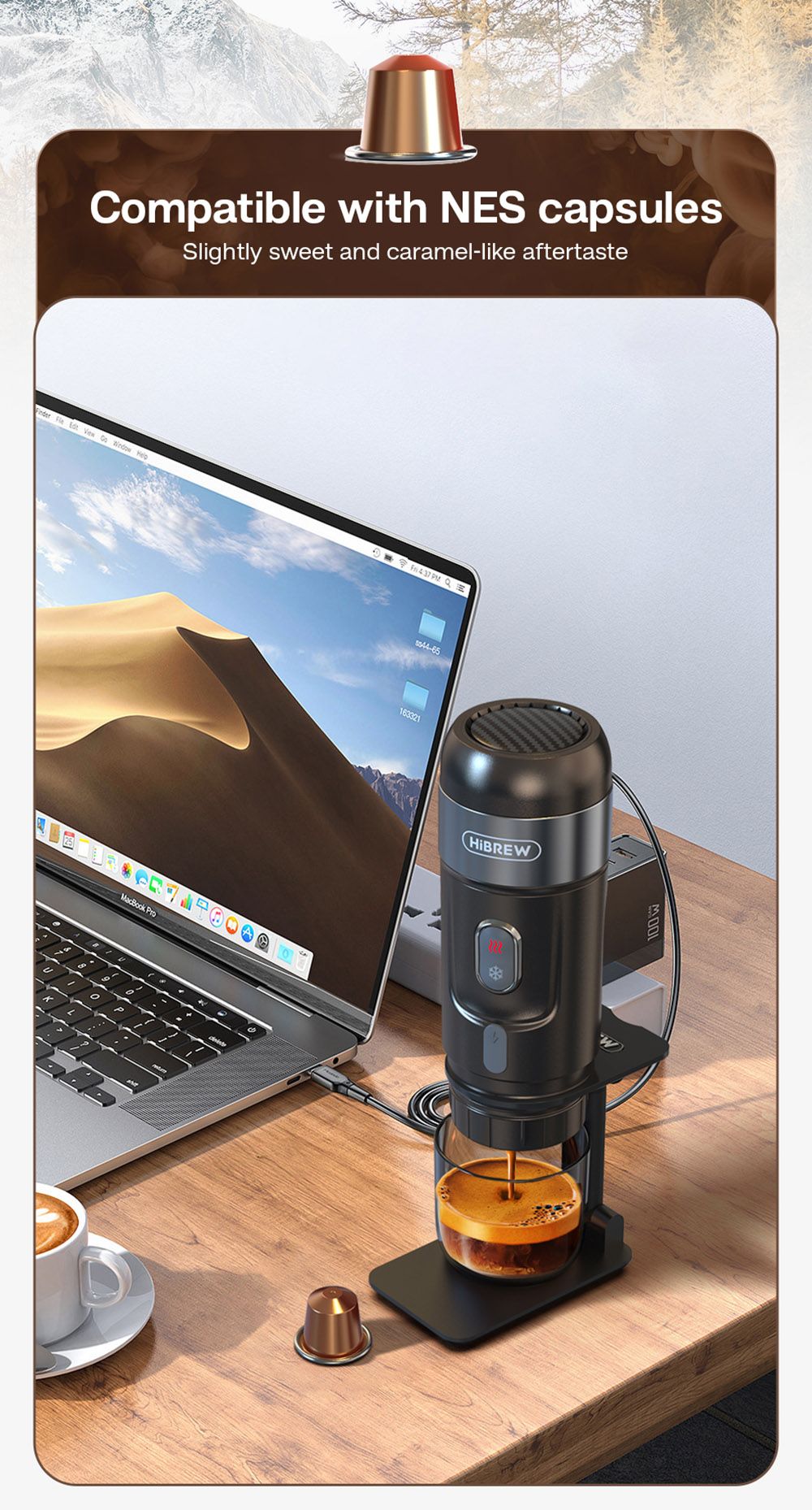 Prenosný kávovar do auta HiBREW H4A 80W s darčekovou krabičkou, 12V DC, 15 barov, 3 v 1, horúci/studený, kompatibilný s viacerými typmi kapsúl.