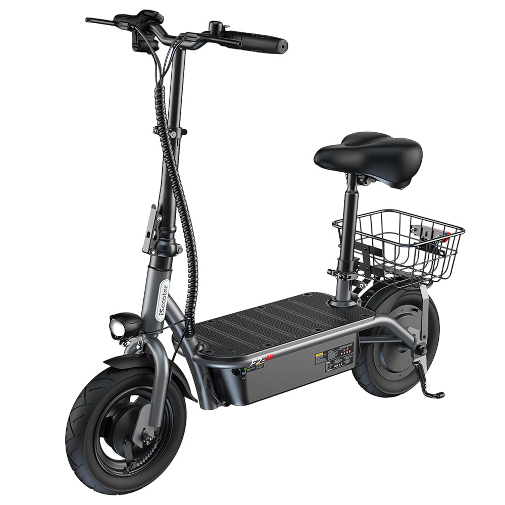 iScooter F2 Electric Scooter with Seat &amp; Rear Basket, 500W Motor, 36V 7.8Ah Battery, 10 inch Tires, 30km/h Max Speed, 30km Range, Front &amp; Rear Drum Brakes, 120kg Max Load
