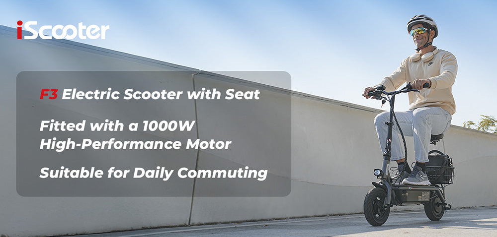 Elektromobilný skúter iScooter F3 s sedadlom a zadným košíkom, 1000W motor, 48V 13Ah batéria, 10-palcové pneumatiky, maximálna rýchlosť 45 km/h, dojazd 60 km, predná a zadná bubnová brzda, maximálne zaťaženie 120 kg.