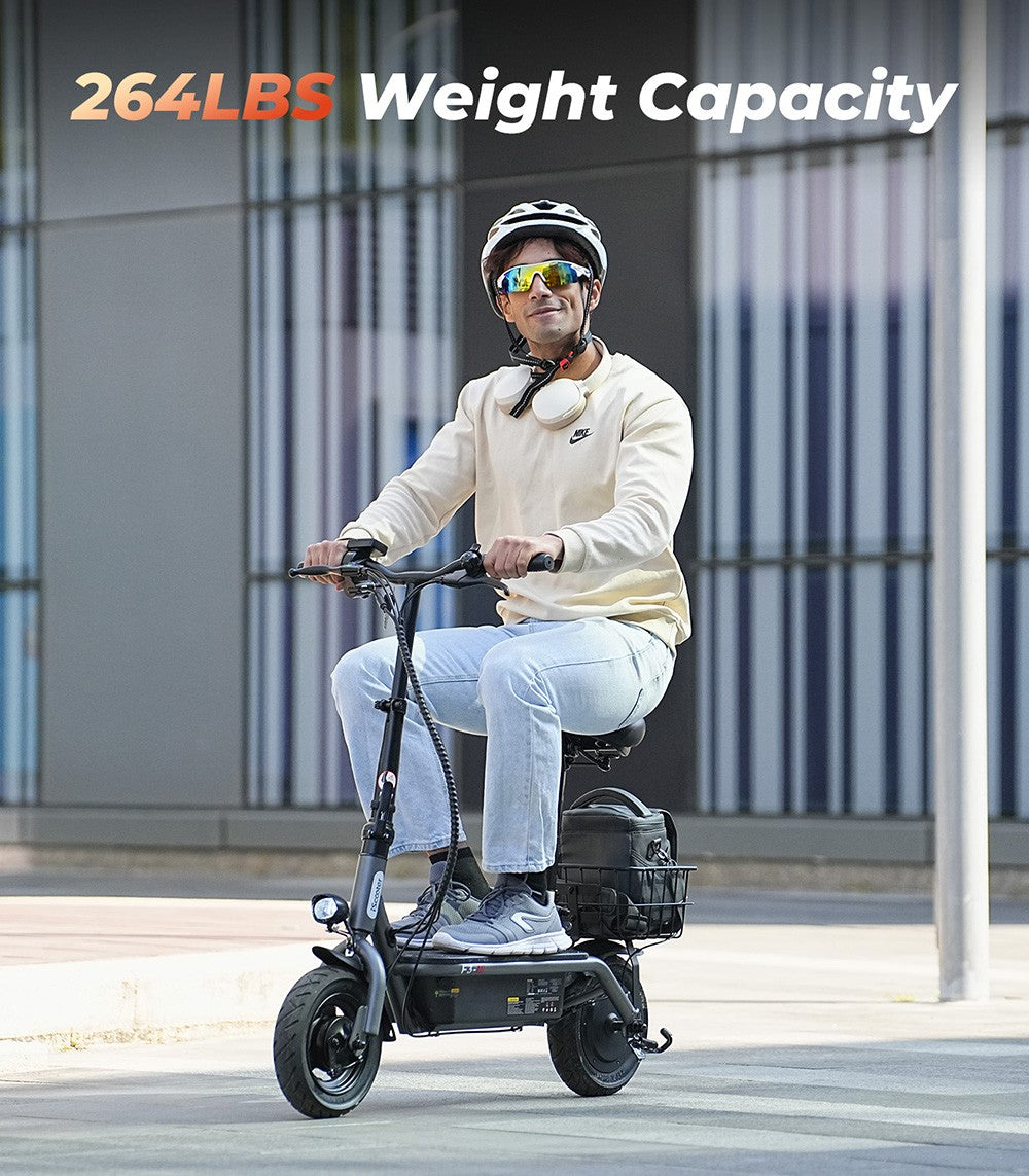 Elektromobilný skúter iScooter F3 s sedadlom a zadným košíkom, 1000W motor, 48V 13Ah batéria, 10-palcové pneumatiky, maximálna rýchlosť 45 km/h, dojazd 60 km, predná a zadná bubnová brzda, maximálne zaťaženie 120 kg.