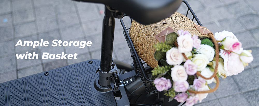 Elektromobilný skúter iScooter F3 s sedadlom a zadným košíkom, 1000W motor, 48V 13Ah batéria, 10-palcové pneumatiky, maximálna rýchlosť 45 km/h, dojazd 60 km, predná a zadná bubnová brzda, maximálne zaťaženie 120 kg.