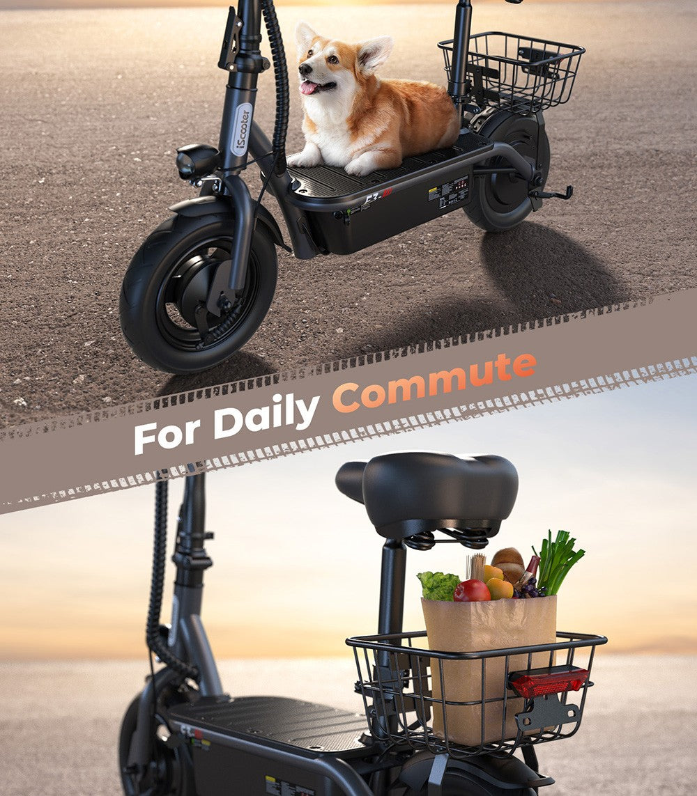 Elektromobilný skúter iScooter F3 s posedením a zadným košíkom, 1000W motor, 48V 13Ah batéria, 10-palcové pneumatiky, maximálna rýchlosť 45 km/h, dojazd 60 km, predná a zadná bubnová brzda, maximálne zaťaženie 120 kg.