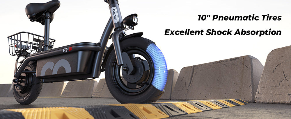 Elektromobilný skúter iScooter F3 s sedadlom a zadným košíkom, 1000W motor, 48V 13Ah batéria, 10-palcové pneumatiky, maximálna rýchlosť 45 km/h, dojazd 60 km, predná a zadná bubnová brzda, maximálne zaťaženie 120 kg.