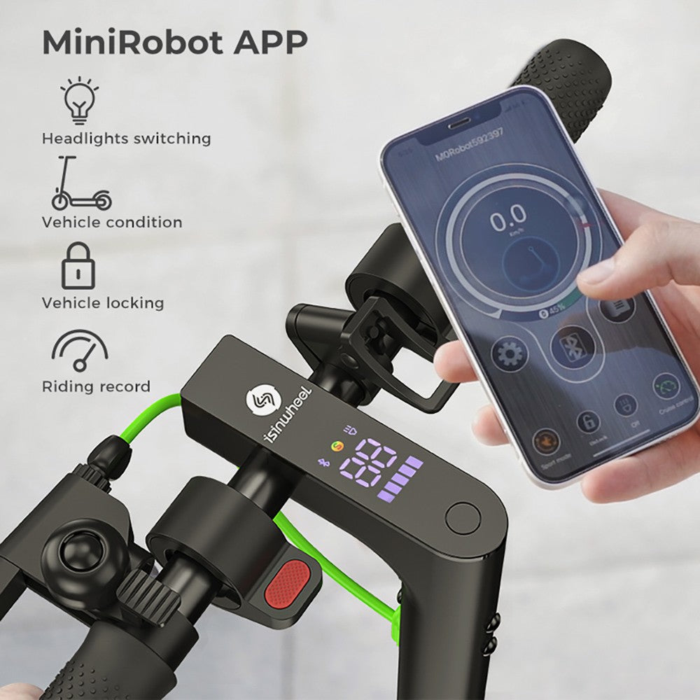 Elektromobilná kolobežka isinwheel S9 Pro, 350W motor, 36V 7,5Ah batéria, 8,5 palcové pneumatiky, maximálna rýchlosť 25 km/h, dojazd 28 km, ovládanie cez aplikáciu.