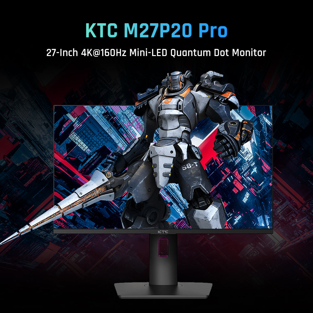 KTC M27P20 Pro 27-palcový herný monitor s technológiou Mini LED, rozlíšením 3840x2160 UHD, obnovovacou frekvenciou 160 Hz, panelom AUO Fast IPS 4K, časom odezvy 1 ms MPRT, technológiou Quantum Dot HDR 1000, podporou FreeSync a G-Sync, integrovanými reproduktormi, USB 3.0 upstream, 2x HDMI 2.1, DP 1.4, 90W Type-C, audio, KVM, VESA, možnosť upevnenia na stenu.