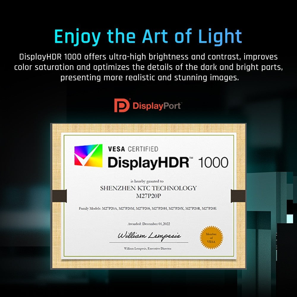 KTC M27P20 Pro 27-palcový herný monitor s technológiou Mini LED, rozlíšením 3840x2160 UHD, obnovovacou frekvenciou 160 Hz, panelom AUO Fast IPS 4K, časom odezvy 1 ms MPRT, technológiou Quantum Dot HDR 1000, podporou FreeSync a G-Sync, integrovanými reproduktormi, USB 3.0 upstream, 2x HDMI 2.1, DP 1.4, 90W Type-C, audio, KVM, VESA, možnosť upevnenia na stenu.