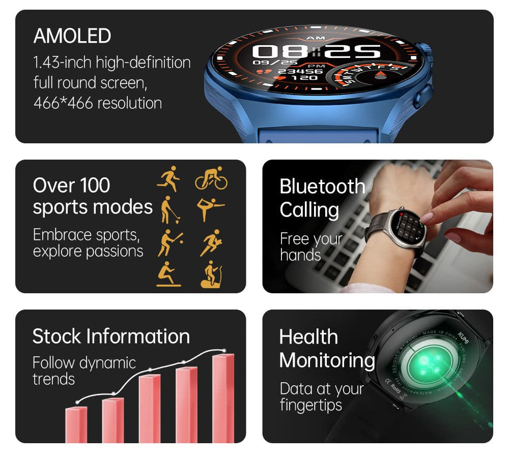 Inteligentné hodinky KUMI GW6, 1,43-palcový AMOLED HD displej, funkcia hlasového ovládania AI, monitorovanie spánku a srdcového tepu, Bluetooth volania - čierna