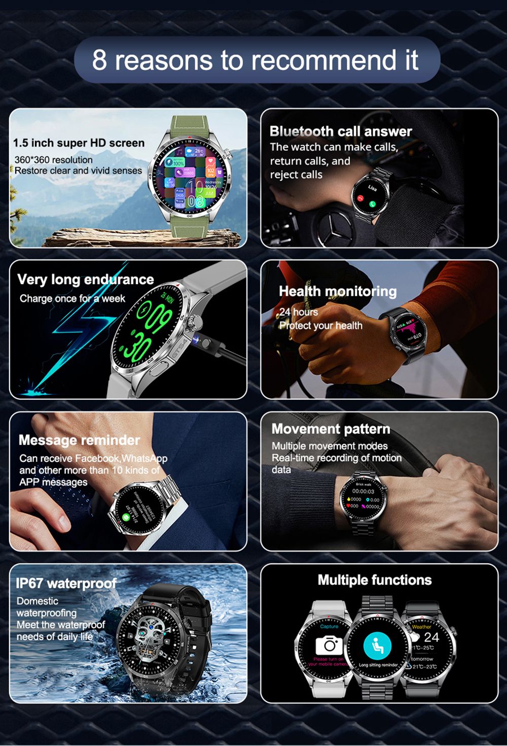 Inteligentné hodinky LEMFO GTS4, 1,5-palcový displej, Bluetooth volania, upozornenie na správy, monitorovanie zdravia, vodotesné IP67 - čierna, silikónový remienok