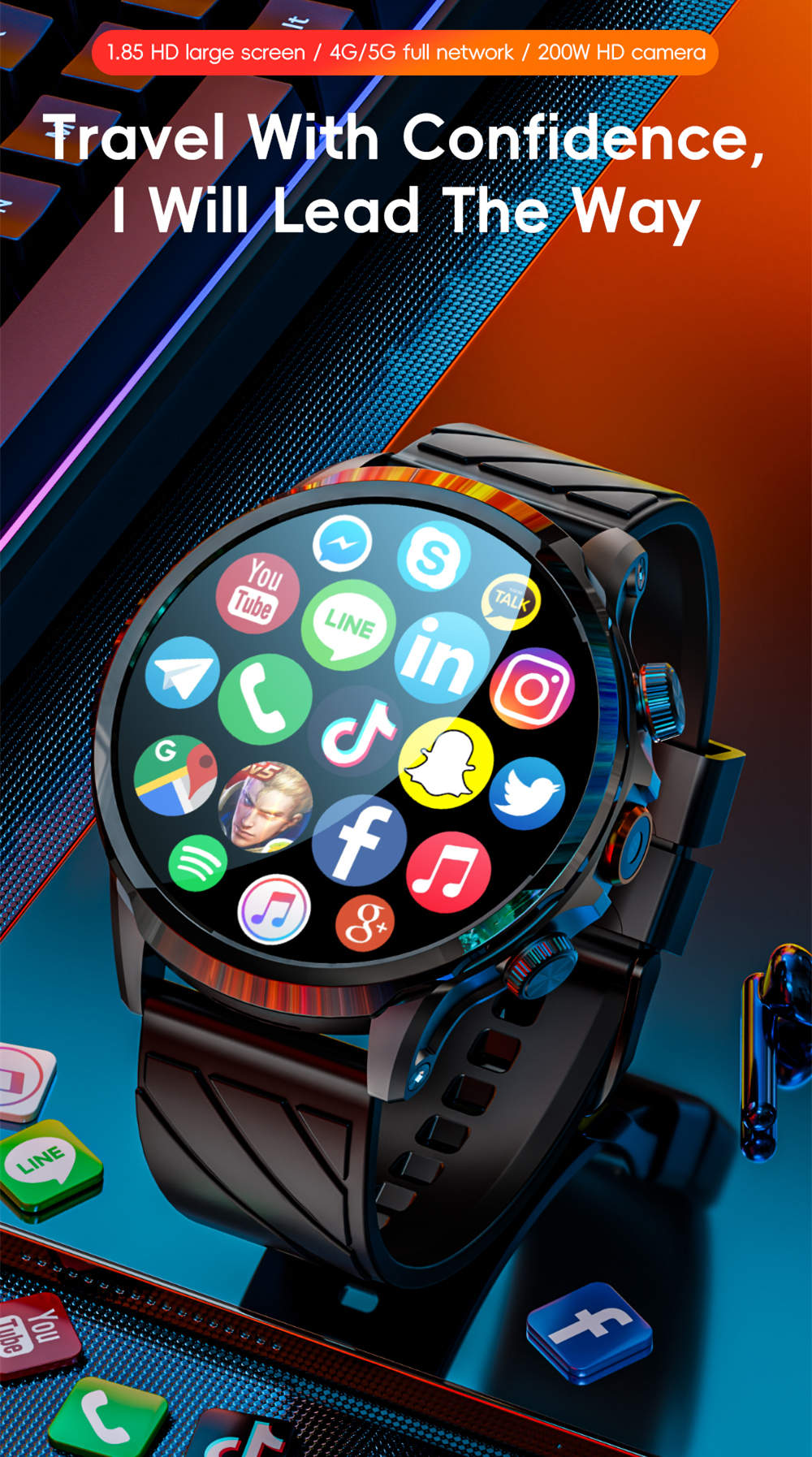 Inteligentné hodinky LOKMAT APPLLP 8 Pro, Android 8.1, 1,85'' HD TFT displej, 4G volania, NFC prístup, monitorovanie srdcového tepu a kyslíku v krvi.