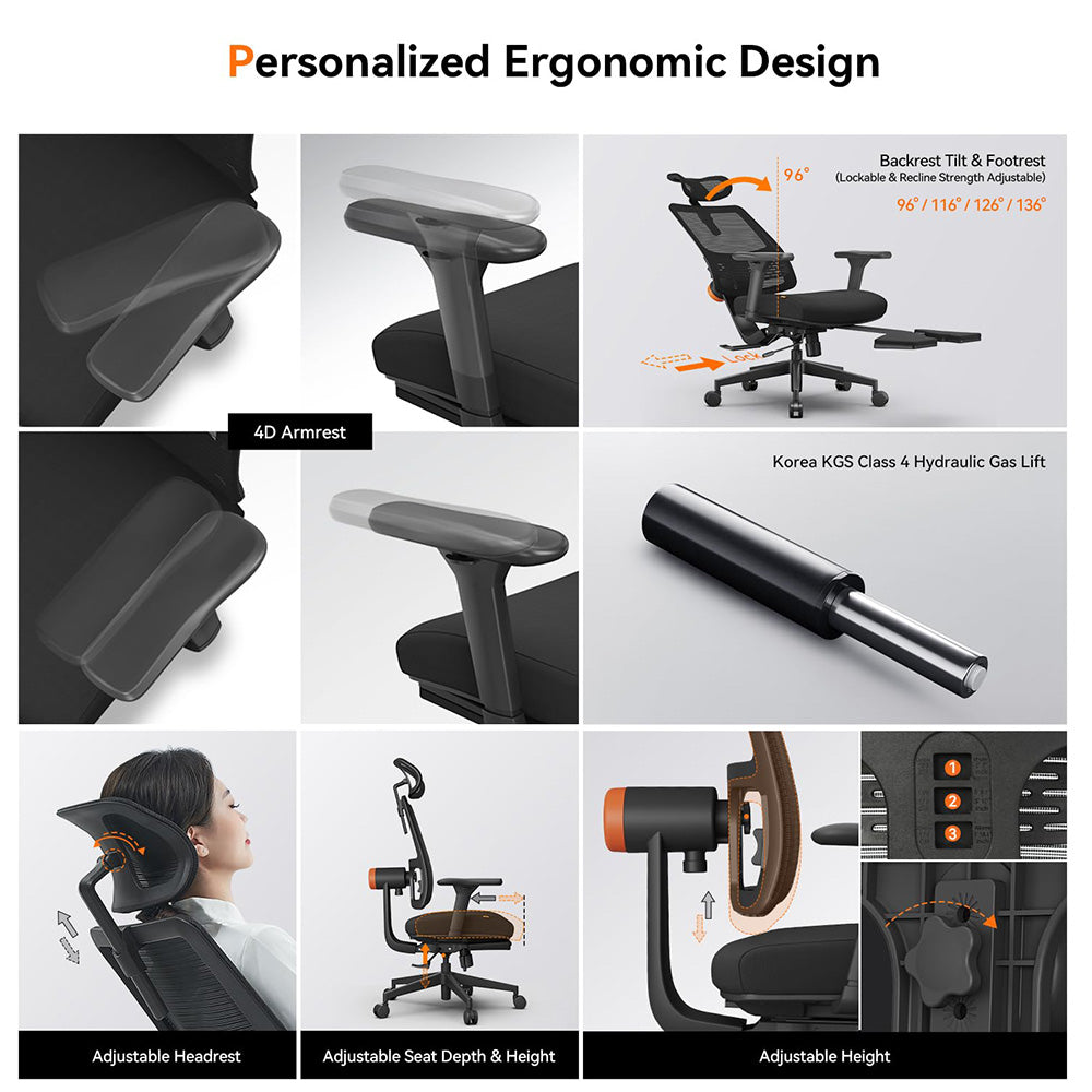 NEWTRAL MagicH-BP Ergonomic Chair with Footrest, Auto-Following Backrest, Adaptive Lower Back Support, Adjustable Armrest Headrest, 4 Positions to Lock - Black