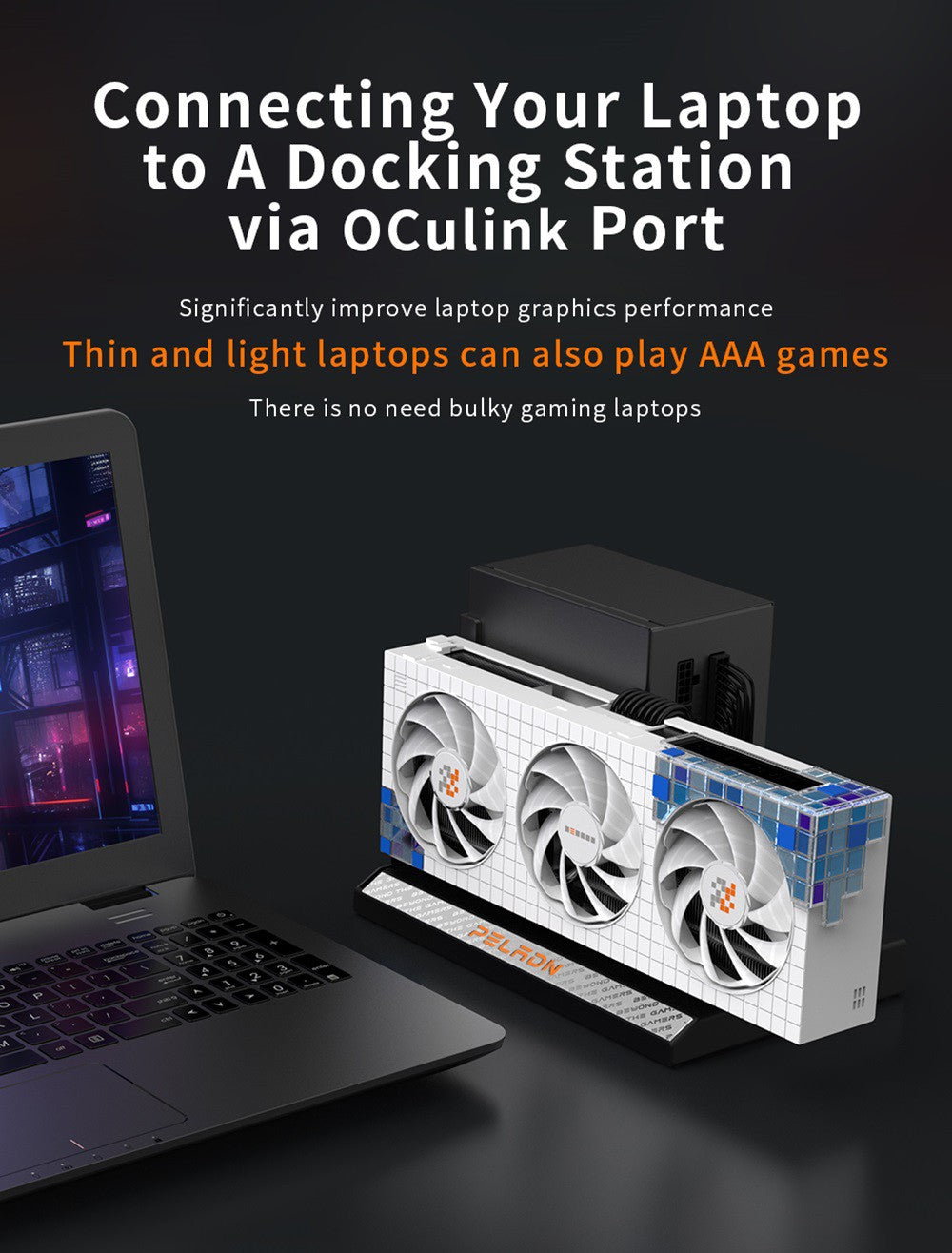 PELADN Link S-2 eGPU Dock, 1x OCulink port, kompatibilný s ATX/SFX zdrojom.