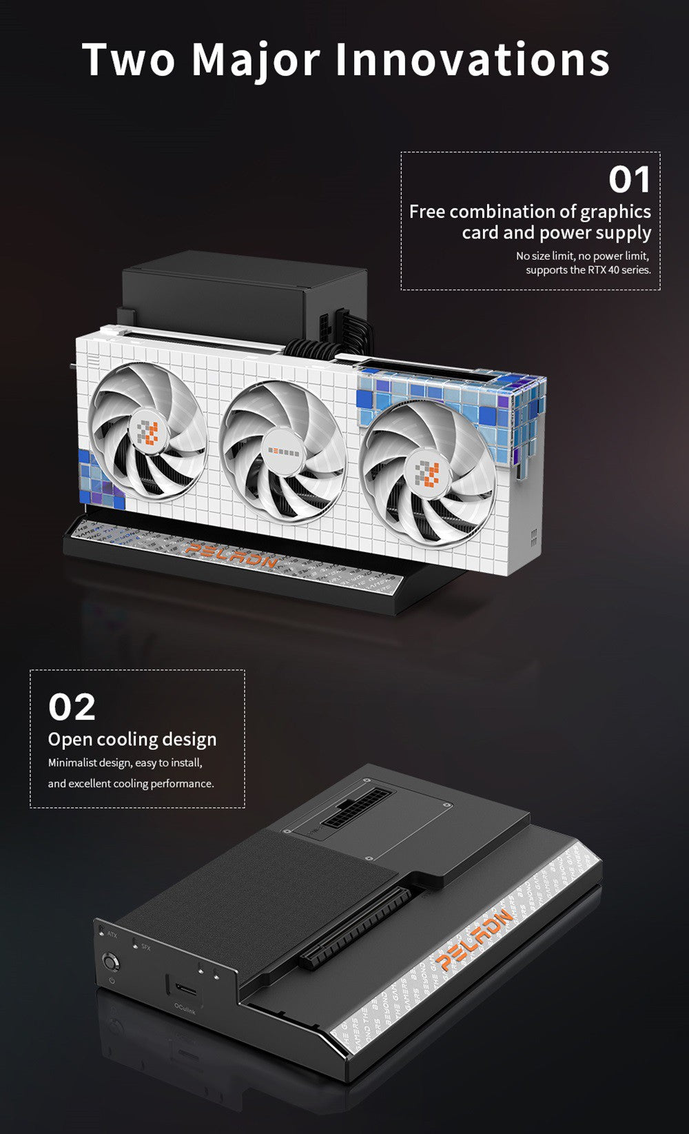 PELADN Link S-2 eGPU Dock, 1x OCulink port, kompatibilný s ATX/SFX zdrojom.