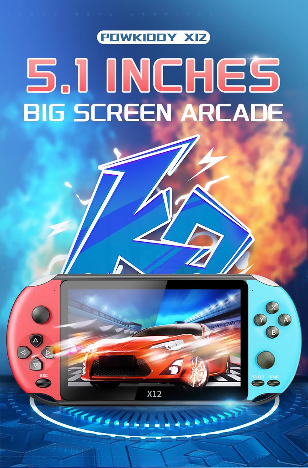 Retro herná konzola Powkiddy X12, 5,1 palcový IPS displej, integrované 8 GB úložisko - modro-červená