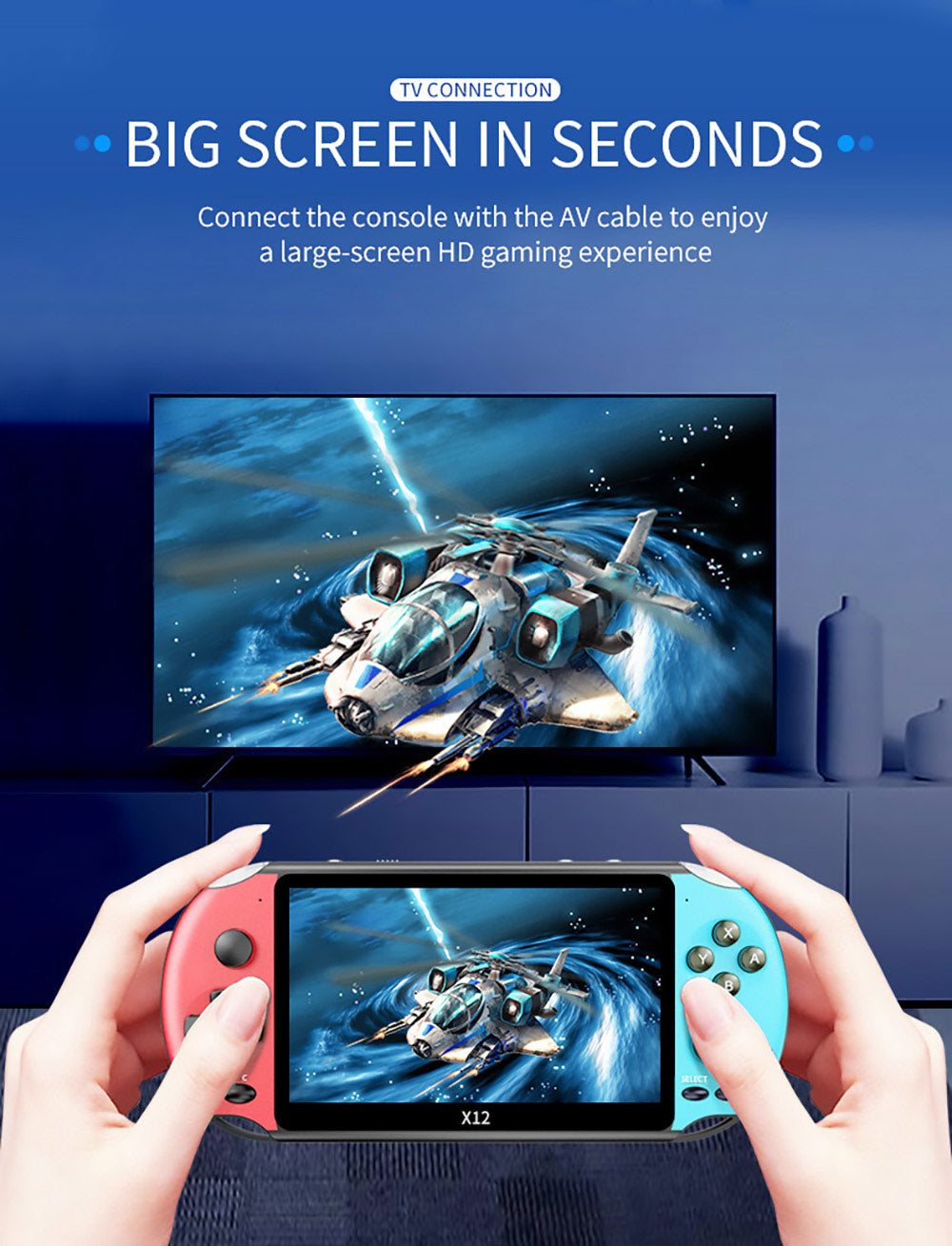 Retro herná konzola Powkiddy X12, 5,1 palcový IPS displej, integrované 8 GB úložisko - modro-červená