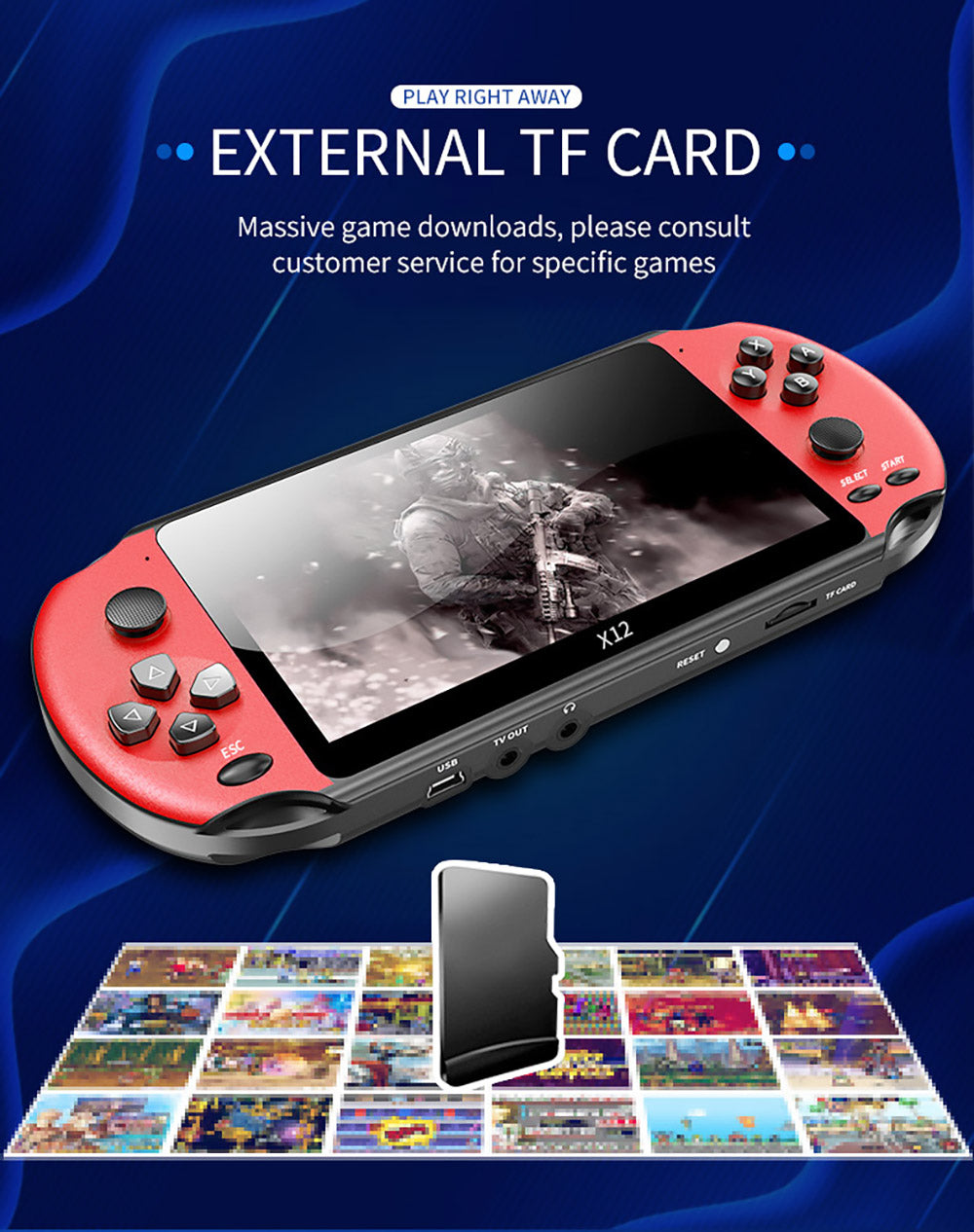 Retro herná konzola Powkiddy X12, 5,1 palcový IPS displej, integrované 8 GB úložisko - modro-červená