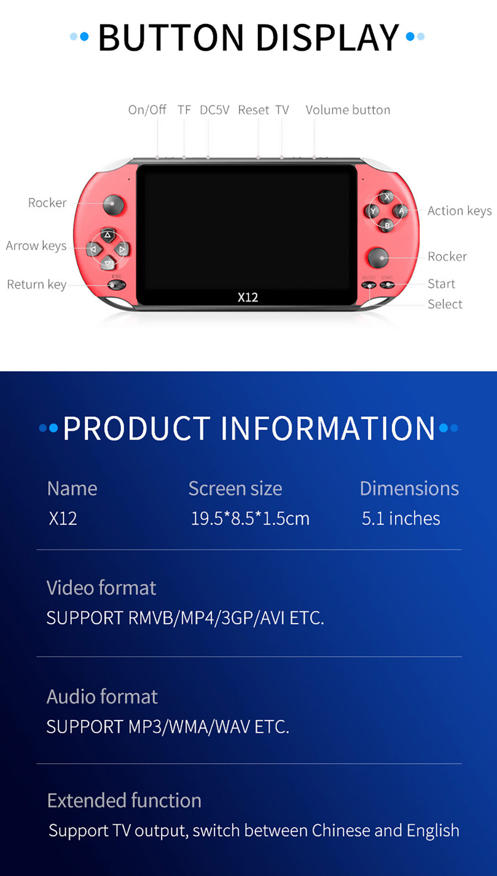 Retro herná konzola Powkiddy X12, 5,1 palcový IPS displej, integrované 8 GB úložisko - modro-červená