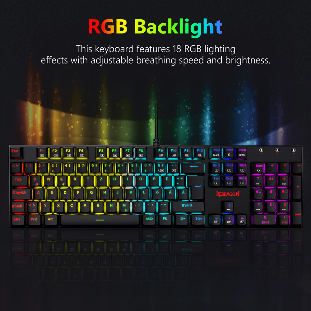 Redragon 105-klávesová mechanická klávesnica K565-RGB s RGB podsvietením, nemecká klávesnica, hliníkový základ, červené spínače - čierna