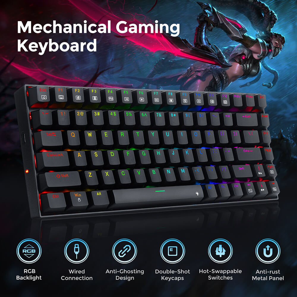 Mechanická herná klávesnica Redragon K629-RGB Phantom s RGB podsvietením, 84 kláves, červené spínače - čierna