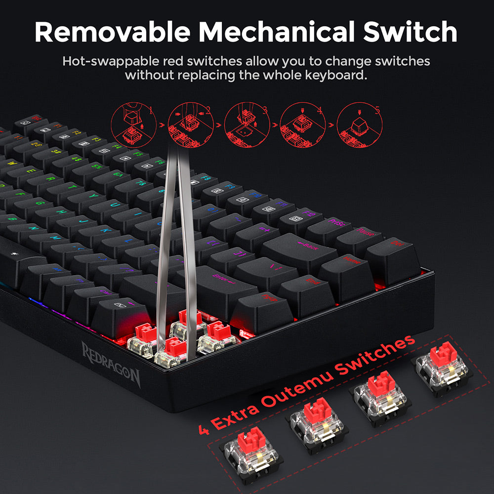Mechanická herná klávesnica Redragon K629-RGB Phantom s RGB podsvietením, 84 kláves, červené spínače - čierna