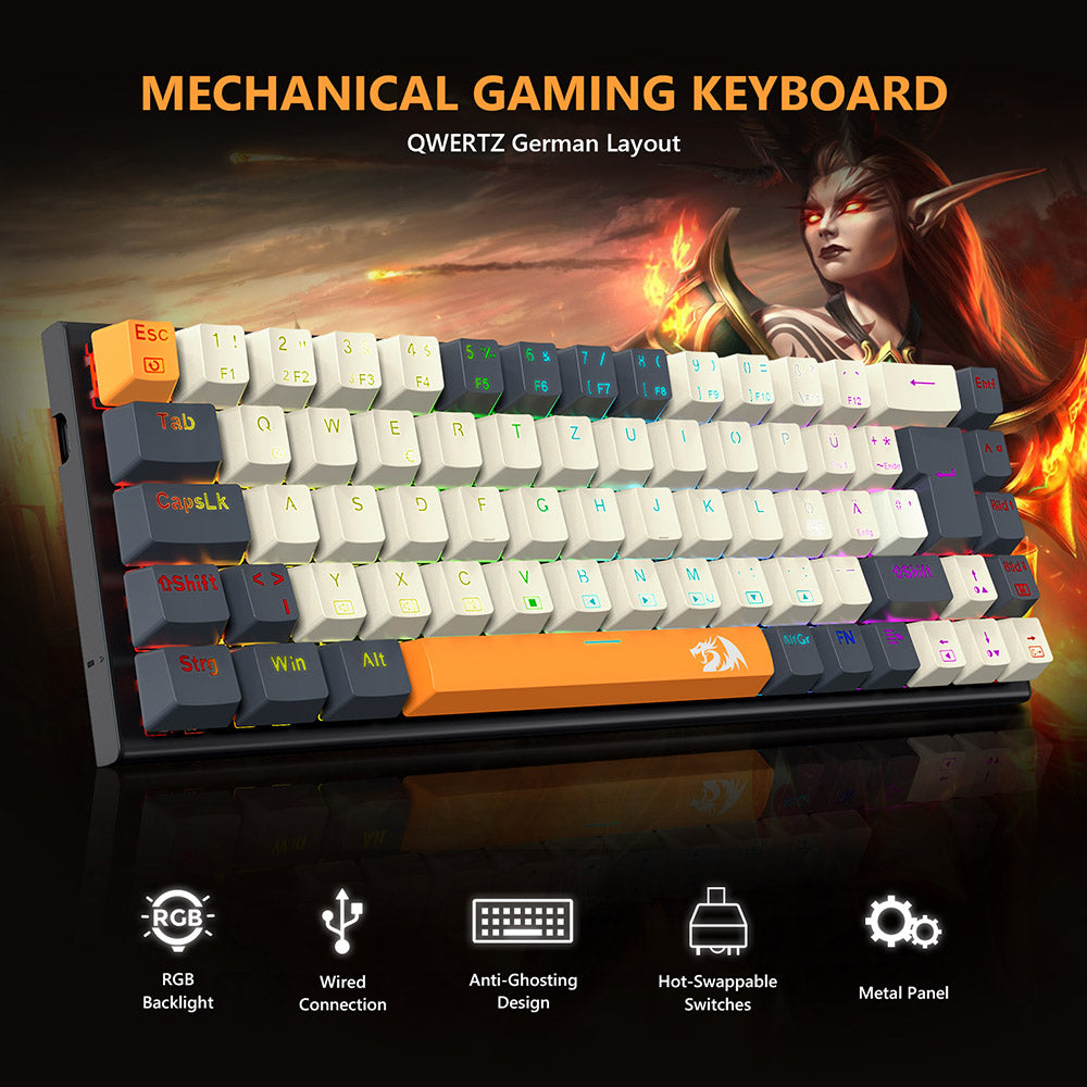 Herná mechanická klávesnica Redragon QWERTZ s nemeckým rozložením K633CGO-RGB Ryze, 68 kláves, červené spínače, RGB podsvietenie, kovový panel, USB-C kábelové pripojenie, vyměnitelné mechanické spínače, programovatelné klávesy, farebné PBT klávesy s 4 extra spínačmi Outemu.