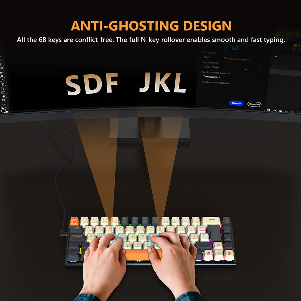 Herná mechanická klávesnica Redragon QWERTZ s nemeckým rozložením K633CGO-RGB Ryze, 68 kláves, červené spínače, RGB podsvietenie, kovový panel, USB-C kábelové pripojenie, vyměnitelné mechanické spínače, programovatelné klávesy, farebné PBT klávesy s 4 extra spínačmi Outemu.