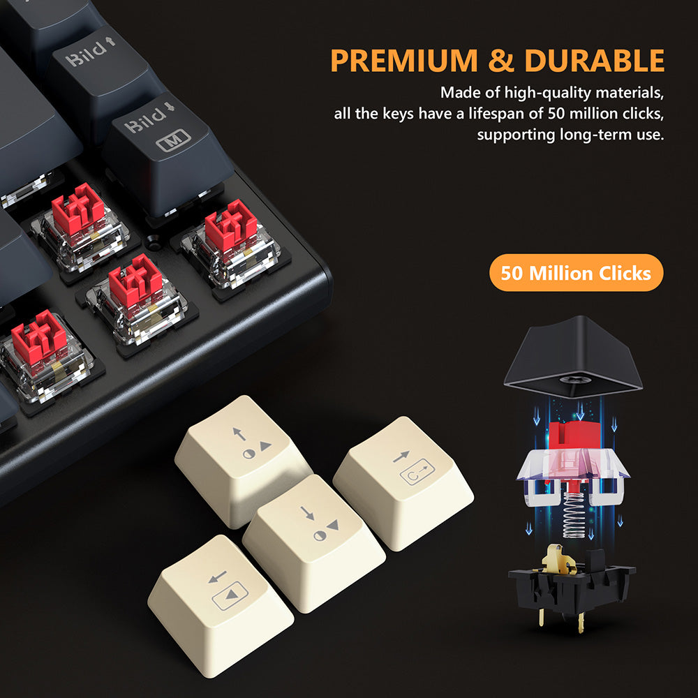 Herná mechanická klávesnica Redragon QWERTZ s nemeckým rozložením K633CGO-RGB Ryze, 68 kláves, červené spínače, RGB podsvietenie, kovový panel, USB-C kábelové pripojenie, vyměnitelné mechanické spínače, programovatelné klávesy, farebné PBT klávesy s 4 extra spínačmi Outemu.