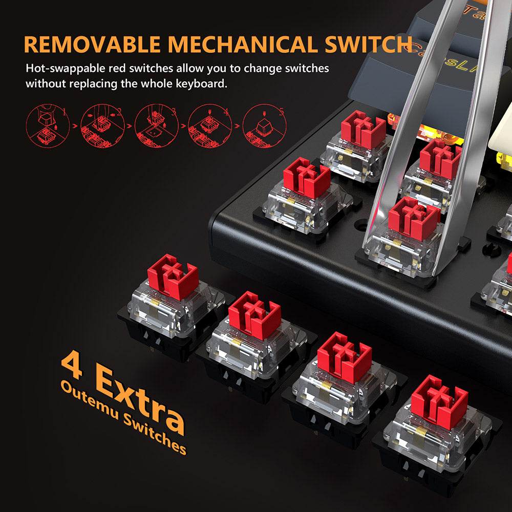 Herná mechanická klávesnica Redragon QWERTZ s nemeckým rozložením K633CGO-RGB Ryze, 68 kláves, červené spínače, RGB podsvietenie, kovový panel, USB-C kábelové pripojenie, vyměnitelné mechanické spínače, programovatelné klávesy, farebné PBT klávesy s 4 extra spínačmi Outemu.