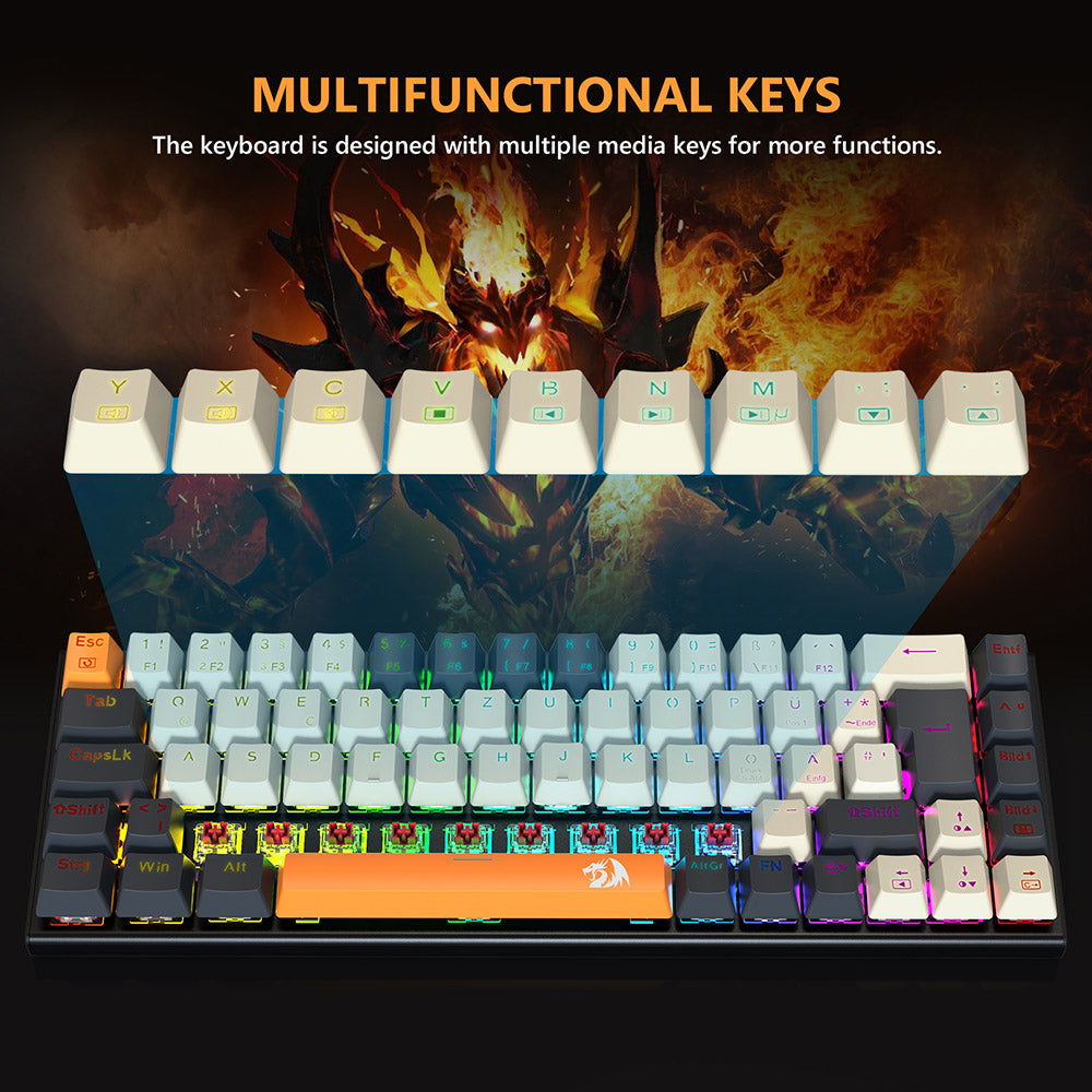 Herná mechanická klávesnica Redragon QWERTZ s nemeckým rozložením K633CGO-RGB Ryze, 68 kláves, červené spínače, RGB podsvietenie, kovový panel, USB-C kábelové pripojenie, vyměnitelné mechanické spínače, programovatelné klávesy, farebné PBT klávesy s 4 extra spínačmi Outemu.