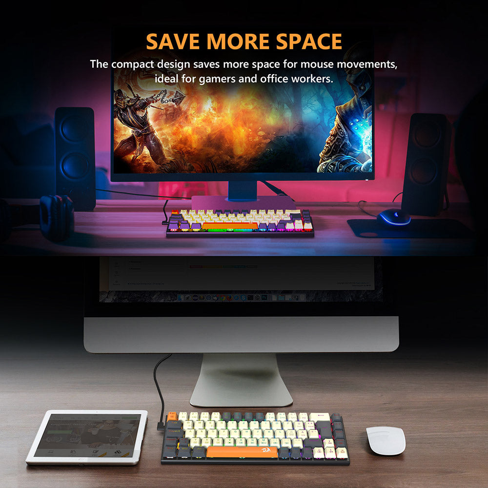 Herná mechanická klávesnica Redragon QWERTZ s nemeckým rozložením K633CGO-RGB Ryze, 68 kláves, červené spínače, RGB podsvietenie, kovový panel, USB-C kábelové pripojenie, vyměnitelné mechanické spínače, programovatelné klávesy, farebné PBT klávesy s 4 extra spínačmi Outemu.