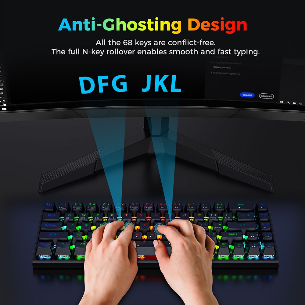 Redragon K633RGB-PRO Ryze Pro 68-klávesová mechanická klávesnica s trojstranným režimom (Bluetooth/2,4 GHz/káblová), RGB podsvietenie, červené spínače - čierna