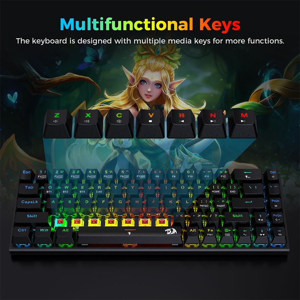 Redragon K633RGB-PRO Ryze Pro 68-klávesová mechanická klávesnica s trojrežimovým pripojením Bluetooth/2,4 GHz/káblové, RGB podsvietenie, červené spínače - čierna