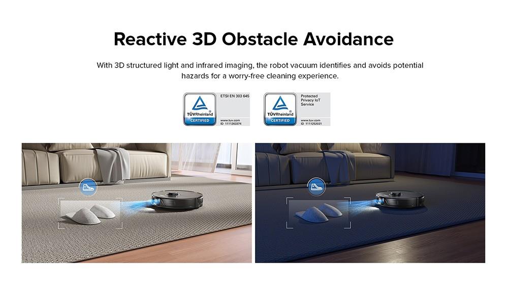 Roborock S8 Robotický vysávač 6000Pa Extrémne sání DuoRoller kartáč 3D strukturované světlo pro vyhýbání se překážkám Sonic vibrační vytírání Automaticky zvedající se hadřík 5200mAh baterie 180min provozní doba 3D mapa 400ml nádoba na prach Ovládání přes aplikaci - Černá (Vylepšení oproti Roborock S7)