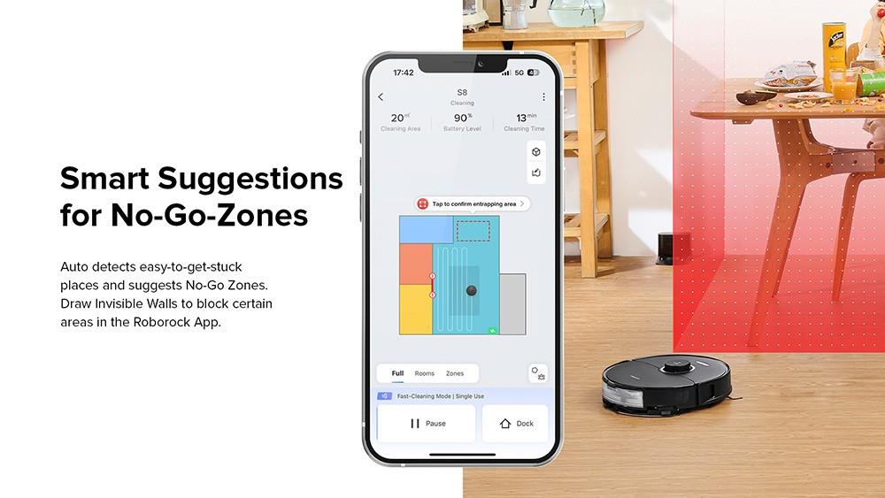 Roborock S8 Robotický vysávač 6000Pa Extrémne sání DuoRoller kartáč 3D strukturované světlo pro vyhýbání se překážkám Sonic vibrační mytí s automatickým zdvihem mopu 5200mAh batérie 180min provozní doba 3D mapa 400ml nádoba na prach ovládání přes aplikaci - Černá (Upgrade z Roborock S7)