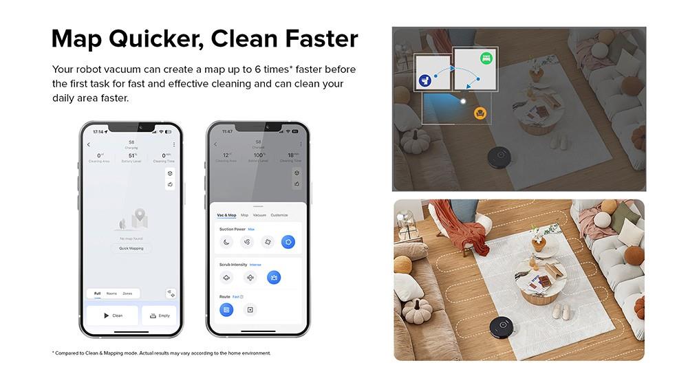 Roborock S8 Robotický vysávač 6000Pa Extrémne sání DuoRoller kartáč 3D strukturované světlo pro vyhýbání se překážkám Sonic vibrační mytí s automatickým zdvihem mopu 5200mAh batérie 180min provozní doba 3D mapa 400ml nádoba na prach ovládání přes aplikaci - Černá (Upgrade z Roborock S7)