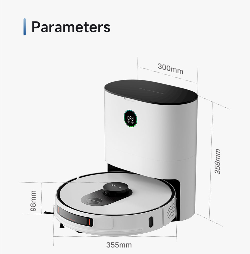 Robotický vysávač ROIDMI EVE MAX s automatickou stanicou na vyprázdnenie, maximálnym sacím tlakom 5000 Pa, funkciou utierania, 3L vreckom na prach, maximálnou dobou prevádzky 250 minút, LiDAR navigáciou, mapovaním viacerých podlaží, ovládanie cez aplikáciu a hlasové ovládanie.